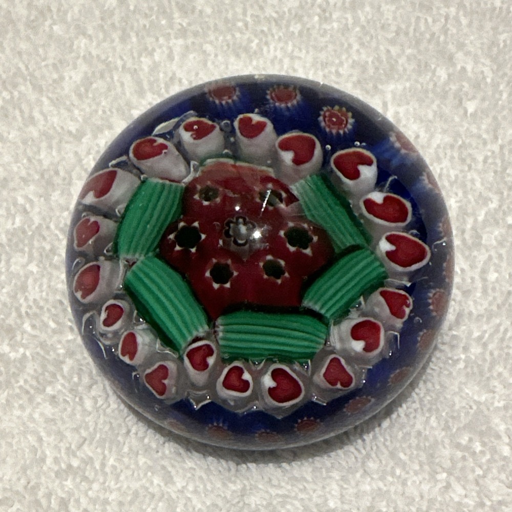 Art Deco Glass Paperweight 2x2.5" Millefiori Style Hearts Columns Flowers